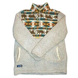 Simply Southern Jacket Womens L Ivory Sherpa 1/4 Zip Aztec Bear